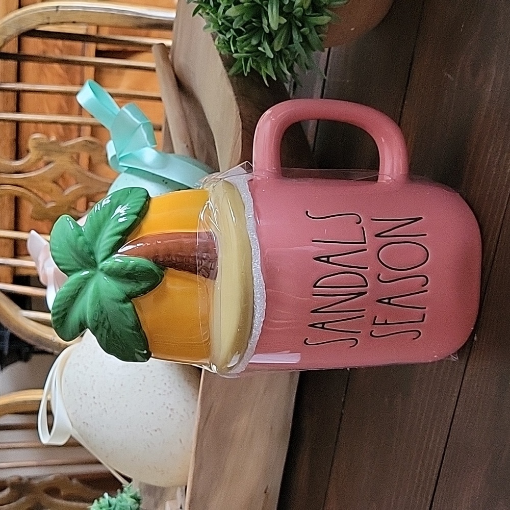 Rae Dunn coffee mug with topper. Sandals Season. NWT